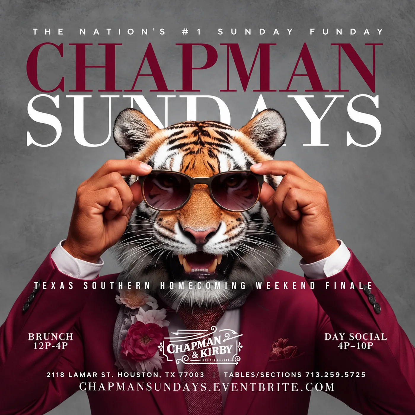 Chapman Sundays flyer: Texas Southern Homecoming Weekend Finale — Brunch 12P–4P · Day Social 4P–10P · Sunday, October 25