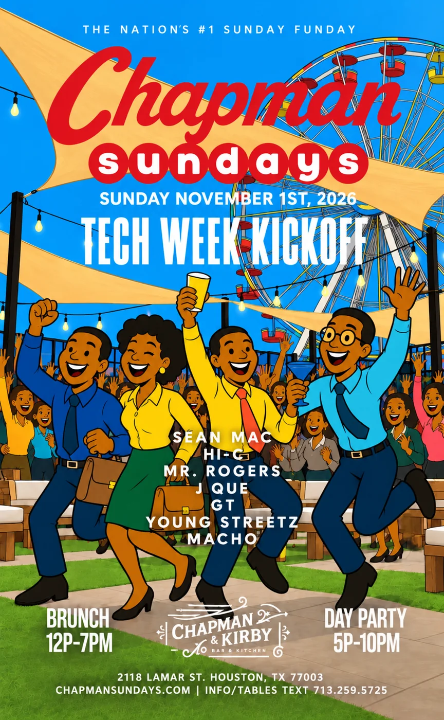 Chapman Sundays illustrated flyer: Tech Week Kickoff · Sunday, November 1, 2026 · Brunch 12P–7PM · Day Party 5P–10PM